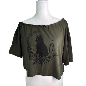 Off-Shoulder ROMWE Olive Green Casual Cat Crop Top Sz 8-10/M
